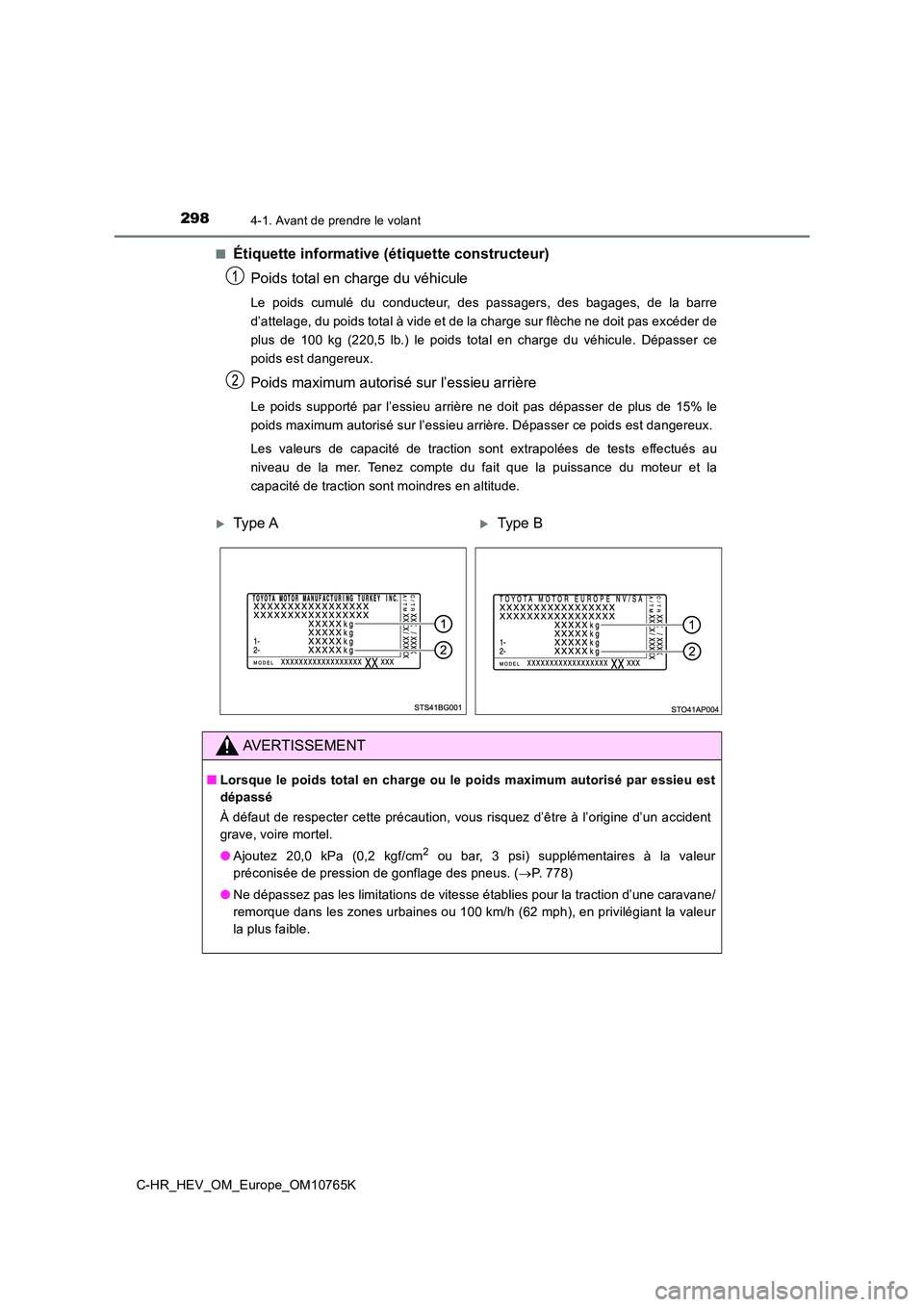 TOYOTA C-HR 2023 Manuel du propriétaire (in French) 2984-1. Avant de prendre le volant
C-HR_HEV_OM_Europe_OM10765K
■Étiquette informative (étiquette constructeur)
Poids total en charge du véhicule
Le poids cumulé du conducteur, des passag TOYOTA C-HR 2023 Manuel du propriétaire (in French) 2984-1. Avant de prendre le volant
C-HR_HEV_OM_Europe_OM10765K
■Étiquette informative (étiquette constructeur)
Poids total en charge du véhicule
Le poids cumulé du conducteur, des passag