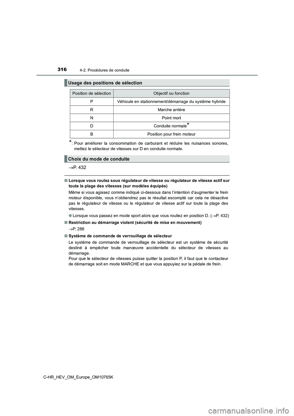 TOYOTA C-HR 2023  Manuel du propriétaire (in French) 3164-2. Procédures de conduite
C-HR_HEV_OM_Europe_OM10765K
*: Pour  améliorer  la  consommation  de  carburant  et  réduire  les  nuisances  sonores, 
mettez le sélecteur de vitesses sur D en cond