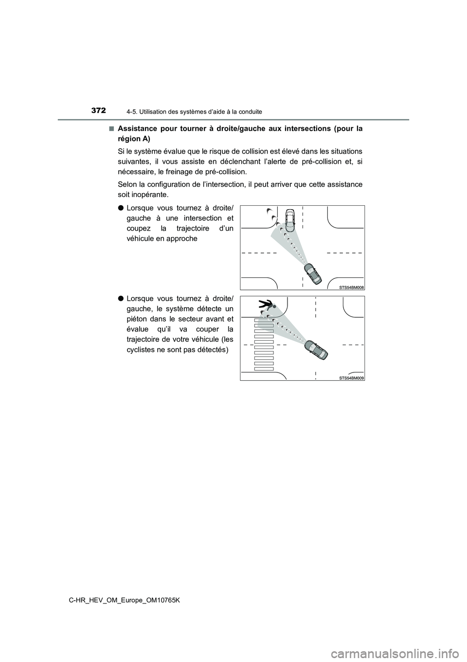 TOYOTA C-HR 2023 Manuel du propriétaire (in French) 3724-5. Utilisation des systèmes d’aide à la conduite
C-HR_HEV_OM_Europe_OM10765K
■Assistance pour tourner à droite/gauche aux intersections (pour la
région A)
Si le système évalu TOYOTA C-HR 2023 Manuel du propriétaire (in French) 3724-5. Utilisation des systèmes d’aide à la conduite
C-HR_HEV_OM_Europe_OM10765K
■Assistance pour tourner à droite/gauche aux intersections (pour la
région A)
Si le système évalu