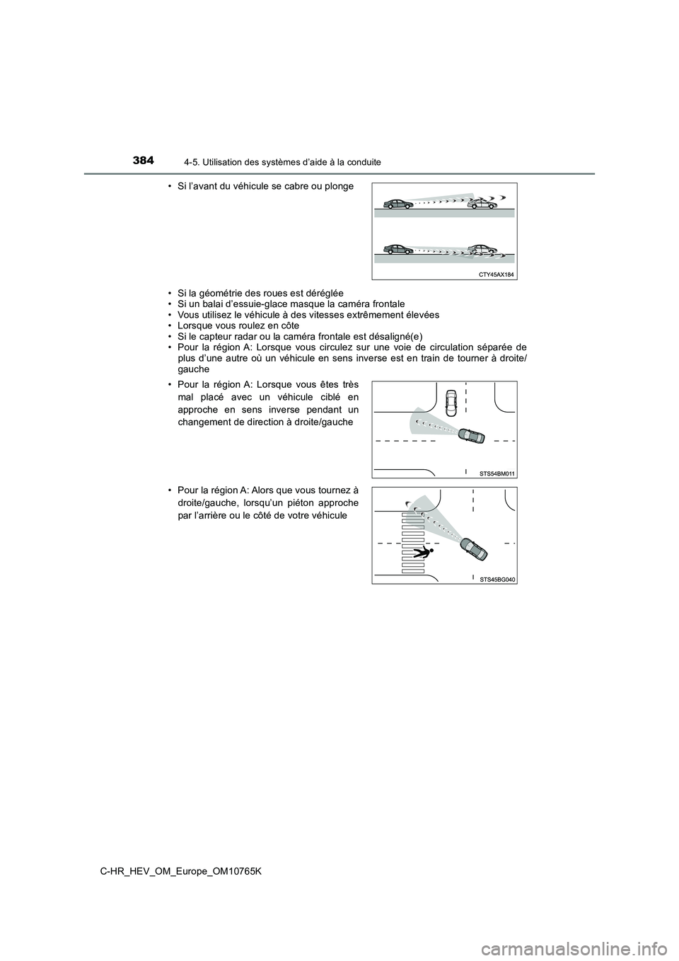 TOYOTA C-HR 2023 Manuel du propriétaire (in French) 3844-5. Utilisation des systèmes d’aide à la conduite
C-HR_HEV_OM_Europe_OM10765K
• Si la géométrie des roues est déréglée • Si un balai d’essuie-glace masque la caméra frontale• Vo TOYOTA C-HR 2023 Manuel du propriétaire (in French) 3844-5. Utilisation des systèmes d’aide à la conduite
C-HR_HEV_OM_Europe_OM10765K
• Si la géométrie des roues est déréglée • Si un balai d’essuie-glace masque la caméra frontale• Vo