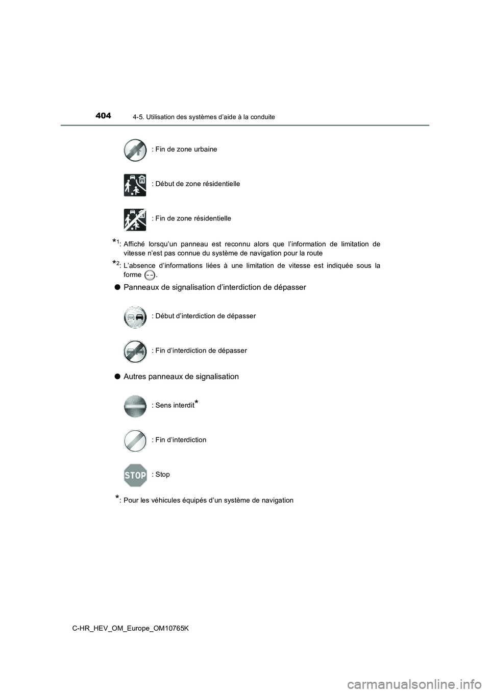 TOYOTA C-HR 2023 Manuel du propriétaire (in French) 4044-5. Utilisation des systèmes d’aide à la conduite
C-HR_HEV_OM_Europe_OM10765K
*1: Affiché lorsqu’un panneau est reconnu alors que l’information de limitation de
vitesse n’est TOYOTA C-HR 2023 Manuel du propriétaire (in French) 4044-5. Utilisation des systèmes d’aide à la conduite
C-HR_HEV_OM_Europe_OM10765K
*1: Affiché lorsqu’un panneau est reconnu alors que l’information de limitation de
vitesse n’est