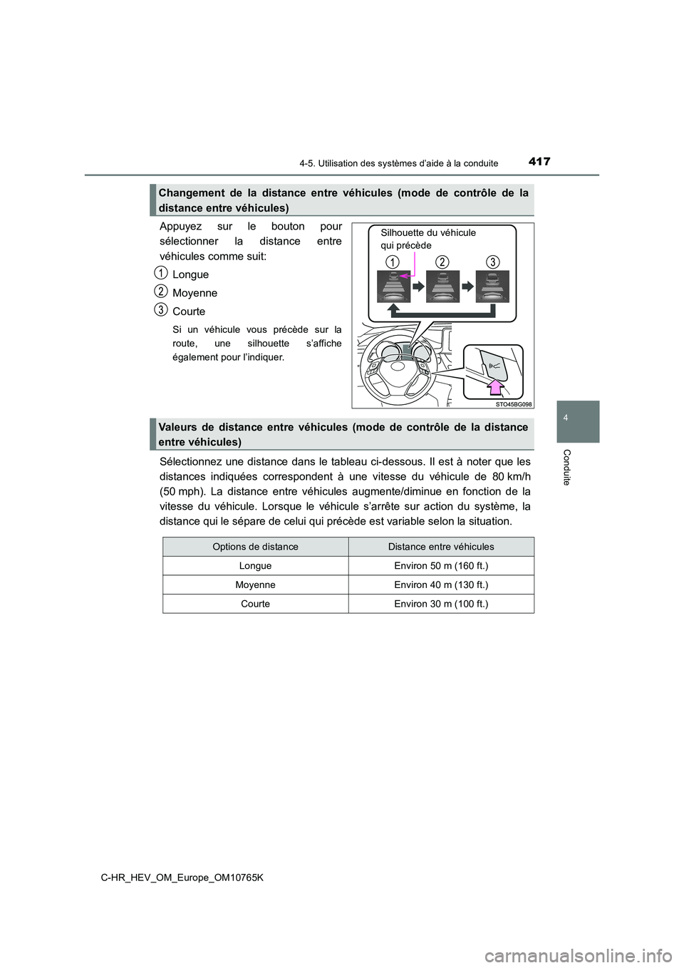 TOYOTA C-HR 2023 Manuel du propriétaire (in French) 4174-5. Utilisation des systèmes d’aide à la conduite
4
Conduite
C-HR_HEV_OM_Europe_OM10765K
Appuyez sur le bouton pour
sélectionner la distance entre
véhicules comme suit:
Longue
Moye TOYOTA C-HR 2023 Manuel du propriétaire (in French) 4174-5. Utilisation des systèmes d’aide à la conduite
4
Conduite
C-HR_HEV_OM_Europe_OM10765K
Appuyez sur le bouton pour
sélectionner la distance entre
véhicules comme suit:
Longue
Moye