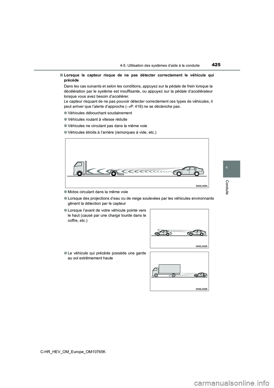 TOYOTA C-HR 2023 Manuel du propriétaire (in French) 4254-5. Utilisation des systèmes d’aide à la conduite
4
Conduite
C-HR_HEV_OM_Europe_OM10765K
■ Lorsque le capteur risque de ne pas détecter correctement le véhicule qui
précède TOYOTA C-HR 2023 Manuel du propriétaire (in French) 4254-5. Utilisation des systèmes d’aide à la conduite
4
Conduite
C-HR_HEV_OM_Europe_OM10765K
■ Lorsque le capteur risque de ne pas détecter correctement le véhicule qui
précède
