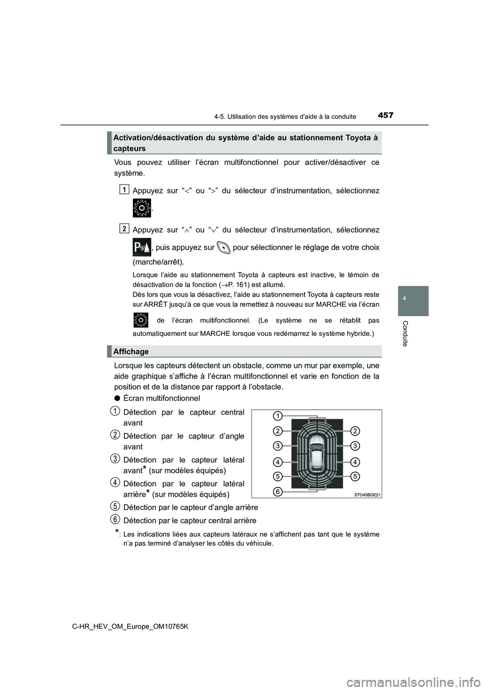 TOYOTA C-HR 2023 Manuel du propriétaire (in French) 4574-5. Utilisation des systèmes d’aide à la conduite
4
Conduite
C-HR_HEV_OM_Europe_OM10765K
Vous pouvez utiliser l’écran multifonctionnel pour activer/désactiver ce
système.
Appuyez TOYOTA C-HR 2023 Manuel du propriétaire (in French) 4574-5. Utilisation des systèmes d’aide à la conduite
4
Conduite
C-HR_HEV_OM_Europe_OM10765K
Vous pouvez utiliser l’écran multifonctionnel pour activer/désactiver ce
système.
Appuyez