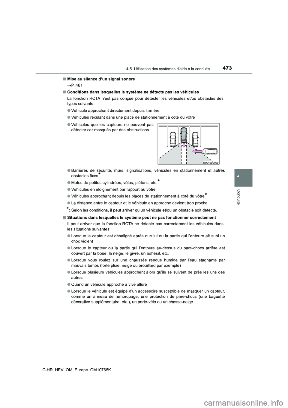 TOYOTA C-HR 2023 Manuel du propriétaire (in French) 4734-5. Utilisation des systèmes d’aide à la conduite
4
Conduite
C-HR_HEV_OM_Europe_OM10765K
■ Mise au silence d’un signal sonore
P. 4 6 1
■ Conditions dans lesquelles le système n TOYOTA C-HR 2023 Manuel du propriétaire (in French) 4734-5. Utilisation des systèmes d’aide à la conduite
4
Conduite
C-HR_HEV_OM_Europe_OM10765K
■ Mise au silence d’un signal sonore
P. 4 6 1
■ Conditions dans lesquelles le système n
