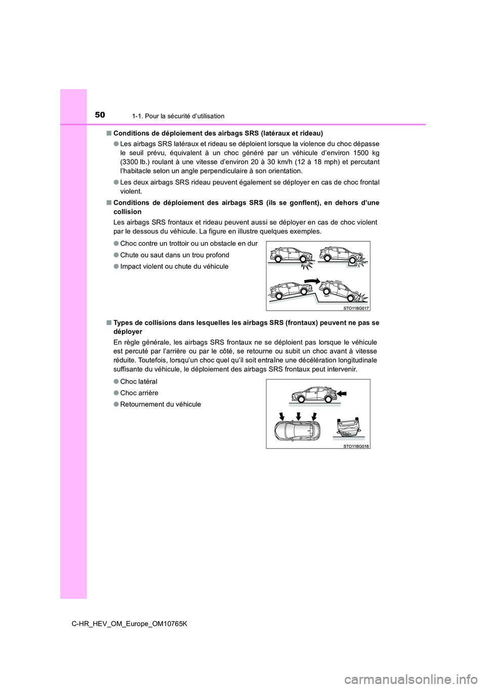 TOYOTA C-HR 2023 Manuel du propriétaire (in French) 501-1. Pour la sécurité d’utilisation
C-HR_HEV_OM_Europe_OM10765K
■ Conditions de déploiement des airbags SRS (latéraux et rideau)
● Les airbags SRS latéraux et rideau se déploient lorsq TOYOTA C-HR 2023 Manuel du propriétaire (in French) 501-1. Pour la sécurité d’utilisation
C-HR_HEV_OM_Europe_OM10765K
■ Conditions de déploiement des airbags SRS (latéraux et rideau)
● Les airbags SRS latéraux et rideau se déploient lorsq