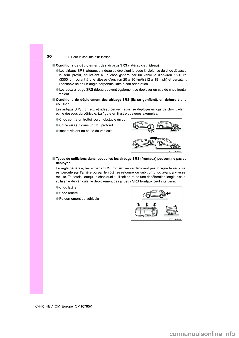 TOYOTA C-HR 2023  Manuel du propriétaire (in French) 501-1. Pour la sécurité d’utilisation
C-HR_HEV_OM_Europe_OM10765K 
■ Conditions de déploiement des airbags SRS (latéraux et rideau) 
● Les airbags SRS latéraux et rideau se déploient lorsq