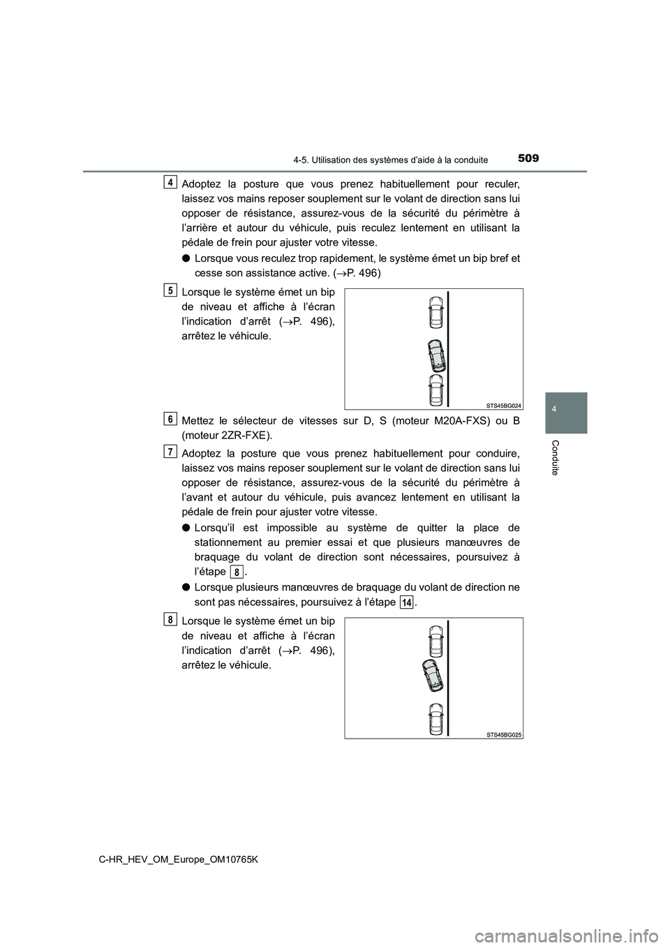 TOYOTA C-HR 2023 Manuel du propriétaire (in French) 5094-5. Utilisation des systèmes d’aide à la conduite
4
Conduite
C-HR_HEV_OM_Europe_OM10765K
Adoptez la posture que vous prenez habituellement pour reculer,
laissez vos mains reposer soup TOYOTA C-HR 2023 Manuel du propriétaire (in French) 5094-5. Utilisation des systèmes d’aide à la conduite
4
Conduite
C-HR_HEV_OM_Europe_OM10765K
Adoptez la posture que vous prenez habituellement pour reculer,
laissez vos mains reposer soup