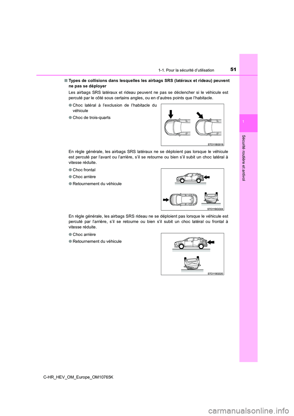 TOYOTA C-HR 2023 Manuel du propriétaire (in French) 511-1. Pour la sécurité d’utilisation
1
Sécurité routière et antivol
C-HR_HEV_OM_Europe_OM10765K
■ Types de collisions dans lesquelles les airbags SRS (latéraux et rideau) peuvent
ne pas s TOYOTA C-HR 2023 Manuel du propriétaire (in French) 511-1. Pour la sécurité d’utilisation
1
Sécurité routière et antivol
C-HR_HEV_OM_Europe_OM10765K
■ Types de collisions dans lesquelles les airbags SRS (latéraux et rideau) peuvent
ne pas s