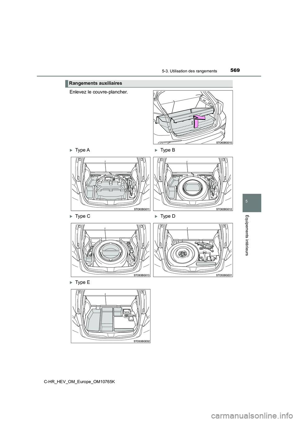 TOYOTA C-HR 2023  Manuel du propriétaire (in French) 5695-3. Utilisation des rangements
C-HR_HEV_OM_Europe_OM10765K
5
Équipements intérieurs
Enlevez le couvre-plancher.
Rangements auxiliaires
Type AType B
Type CType D
Type E 