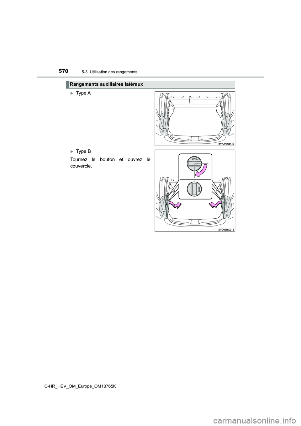 TOYOTA C-HR 2023  Manuel du propriétaire (in French) 5705-3. Utilisation des rangements
C-HR_HEV_OM_Europe_OM10765K
Type A
Type B 
Tournez  le  bouton  et  ouvrez  le 
couvercle.
Rangements auxiliaires latéraux 