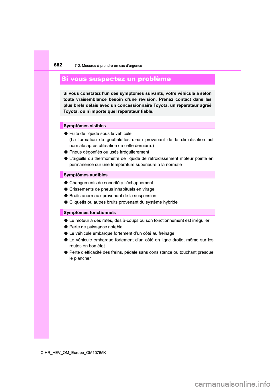 TOYOTA C-HR 2023 Manuel du propriétaire (in French) 6827-2. Mesures à prendre en cas d’urgence
C-HR_HEV_OM_Europe_OM10765K
Si vous suspectez un problème
●Fuite de liquide sous le véhicule
(La formation de gouttelettes d’eau provenant de TOYOTA C-HR 2023 Manuel du propriétaire (in French) 6827-2. Mesures à prendre en cas d’urgence
C-HR_HEV_OM_Europe_OM10765K
Si vous suspectez un problème
●Fuite de liquide sous le véhicule
(La formation de gouttelettes d’eau provenant de