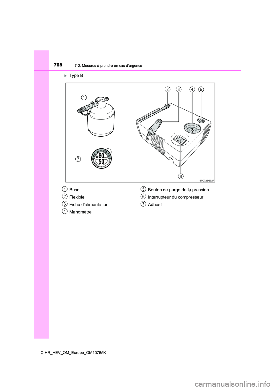 TOYOTA C-HR 2023 Manuel du propriétaire (in French) 7087-2. Mesures à prendre en cas d’urgence
C-HR_HEV_OM_Europe_OM10765K
Type B
Buse
Flexible
Fiche d’alimentation
Manomètre
Bouton de purge de la pression
Interrupteur du compresseur
Adh TOYOTA C-HR 2023 Manuel du propriétaire (in French) 7087-2. Mesures à prendre en cas d’urgence
C-HR_HEV_OM_Europe_OM10765K
Type B
Buse
Flexible
Fiche d’alimentation
Manomètre
Bouton de purge de la pression
Interrupteur du compresseur
Adh