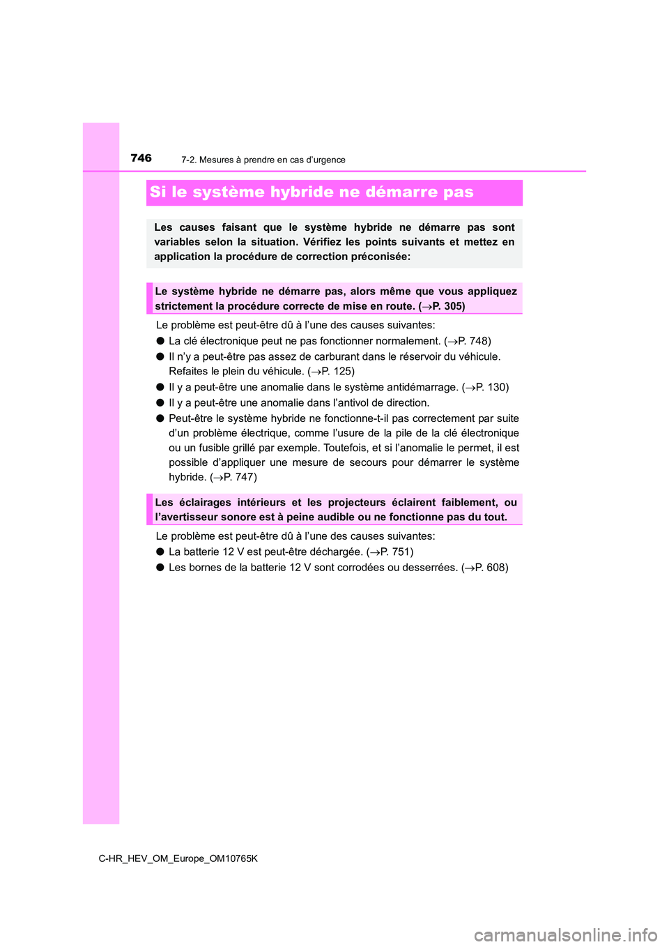 TOYOTA C-HR 2023 Manuel du propriétaire (in French) 7467-2. Mesures à prendre en cas d’urgence
C-HR_HEV_OM_Europe_OM10765K
Si le système hybride ne démarre pas
Le problème est peut-être dû à l’une des causes suivantes:
● La clé électron TOYOTA C-HR 2023 Manuel du propriétaire (in French) 7467-2. Mesures à prendre en cas d’urgence
C-HR_HEV_OM_Europe_OM10765K
Si le système hybride ne démarre pas
Le problème est peut-être dû à l’une des causes suivantes:
● La clé électron