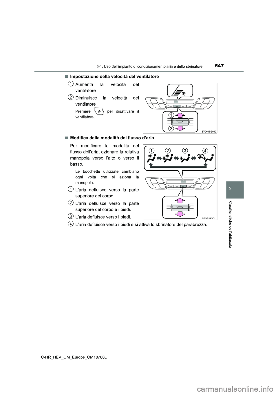 TOYOTA C-HR 2023  Manuale duso (in Italian) 5475-1. Uso dell’impianto di condizionamento aria e dello sbrinatore
C-HR_HEV_OM_Europe_OM10768L
5
Caratteristiche dell’abitacolo
■Impostazione della velocità del ventilatore 
Aumenta  la  velo