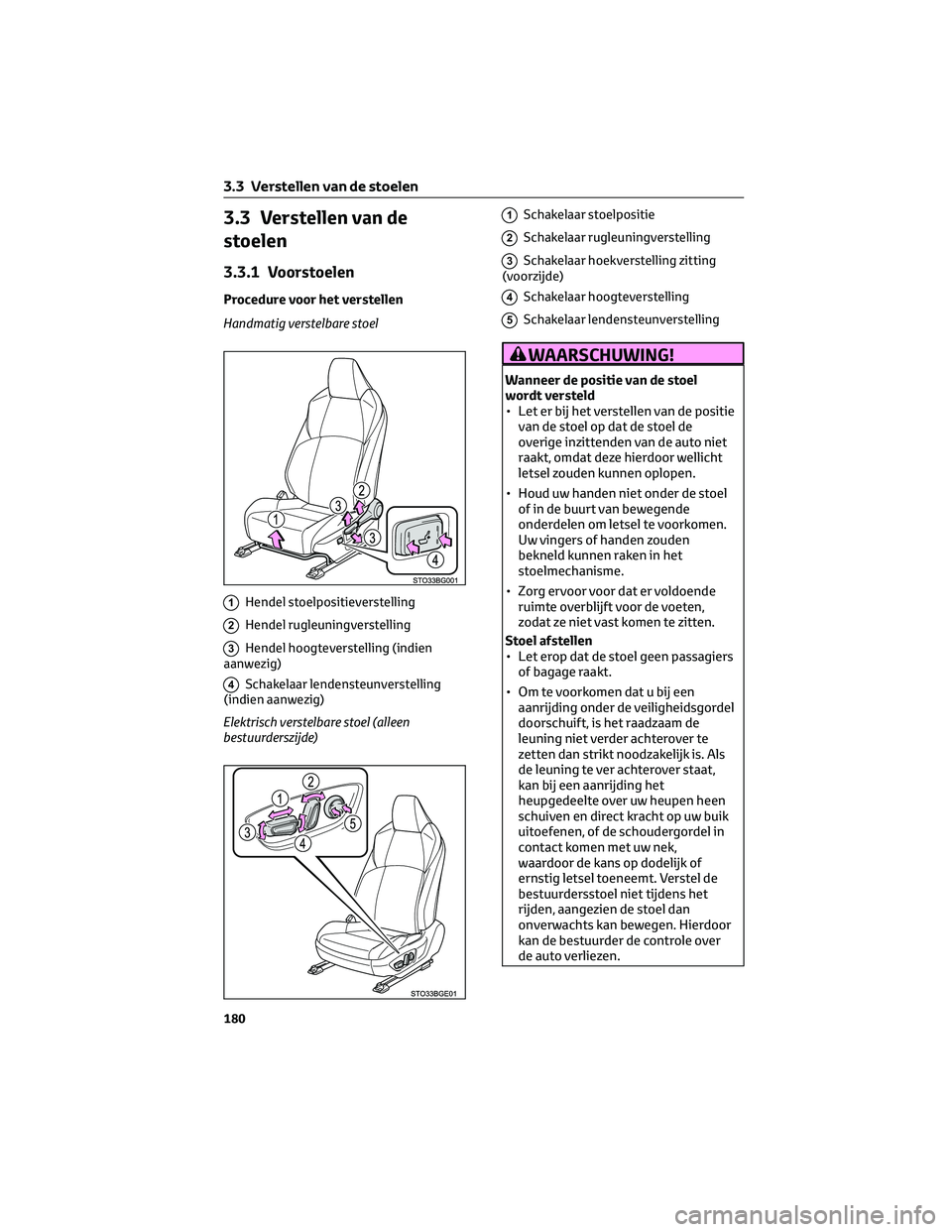 TOYOTA C-HR 2023 Instructieboekje (in Dutch) 3.3 Verstellen van de
stoelen
3.3.1 Voorstoelen
Procedure voor het verstellen
Handmatig verstelbare stoel
1Hendel stoelpositieverstelling
2Hendel rugleuningverstelling
3Hendel hoogteverstelling (indie TOYOTA C-HR 2023 Instructieboekje (in Dutch) 3.3 Verstellen van de
stoelen
3.3.1 Voorstoelen
Procedure voor het verstellen
Handmatig verstelbare stoel
1Hendel stoelpositieverstelling
2Hendel rugleuningverstelling
3Hendel hoogteverstelling (indie