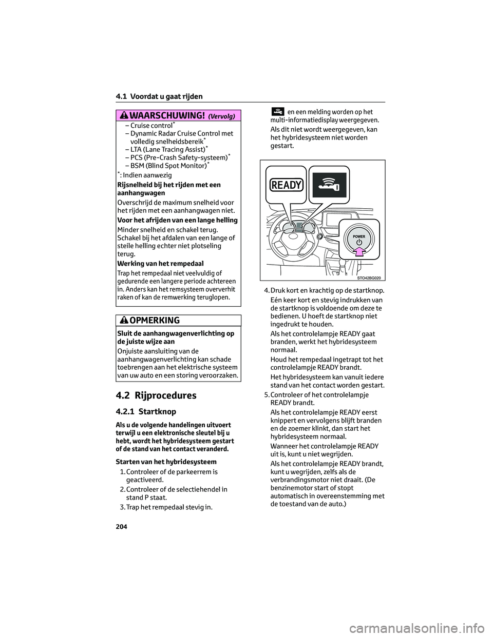 TOYOTA C-HR 2023  Instructieboekje (in Dutch) WAARSCHUWING!(Vervolg)
– Cruise control*
– Dynamic Radar Cruise Control met
volledig snelheidsbereik*
– LTA (Lane Tracing Assist)*
– PCS (Pre-Crash Safety-systeem)*
– BSM (Blind Spot Monitor