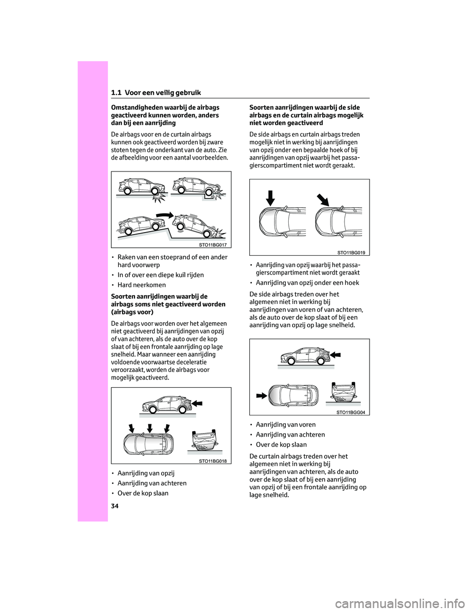 TOYOTA C-HR 2023 Instructieboekje (in Dutch) Omstandigheden waarbij de airbags
geactiveerd kunnen worden, anders
dan bij een aanrijding
De airbags voor en de curtain airbags
kunnen ook geactiveerd worden bij zware
stoten tegen de onderkant van d TOYOTA C-HR 2023 Instructieboekje (in Dutch) Omstandigheden waarbij de airbags
geactiveerd kunnen worden, anders
dan bij een aanrijding
De airbags voor en de curtain airbags
kunnen ook geactiveerd worden bij zware
stoten tegen de onderkant van d