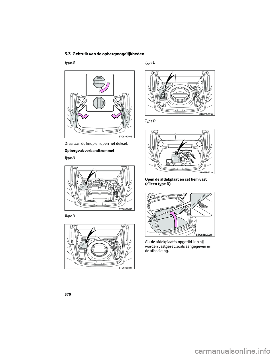 TOYOTA C-HR 2023 Instructieboekje (in Dutch) Ty p e B
Draai aan de knop en open het deksel.
Opbergvak verbandtrommel
Ty p e A
Ty p e BTy p e C
Ty p e D
Open de afdekplaat en zet hem vast
(alleen type D)
Als de afdekplaat is opgetild kan hij
word TOYOTA C-HR 2023 Instructieboekje (in Dutch) Ty p e B
Draai aan de knop en open het deksel.
Opbergvak verbandtrommel
Ty p e A
Ty p e BTy p e C
Ty p e D
Open de afdekplaat en zet hem vast
(alleen type D)
Als de afdekplaat is opgetild kan hij
word