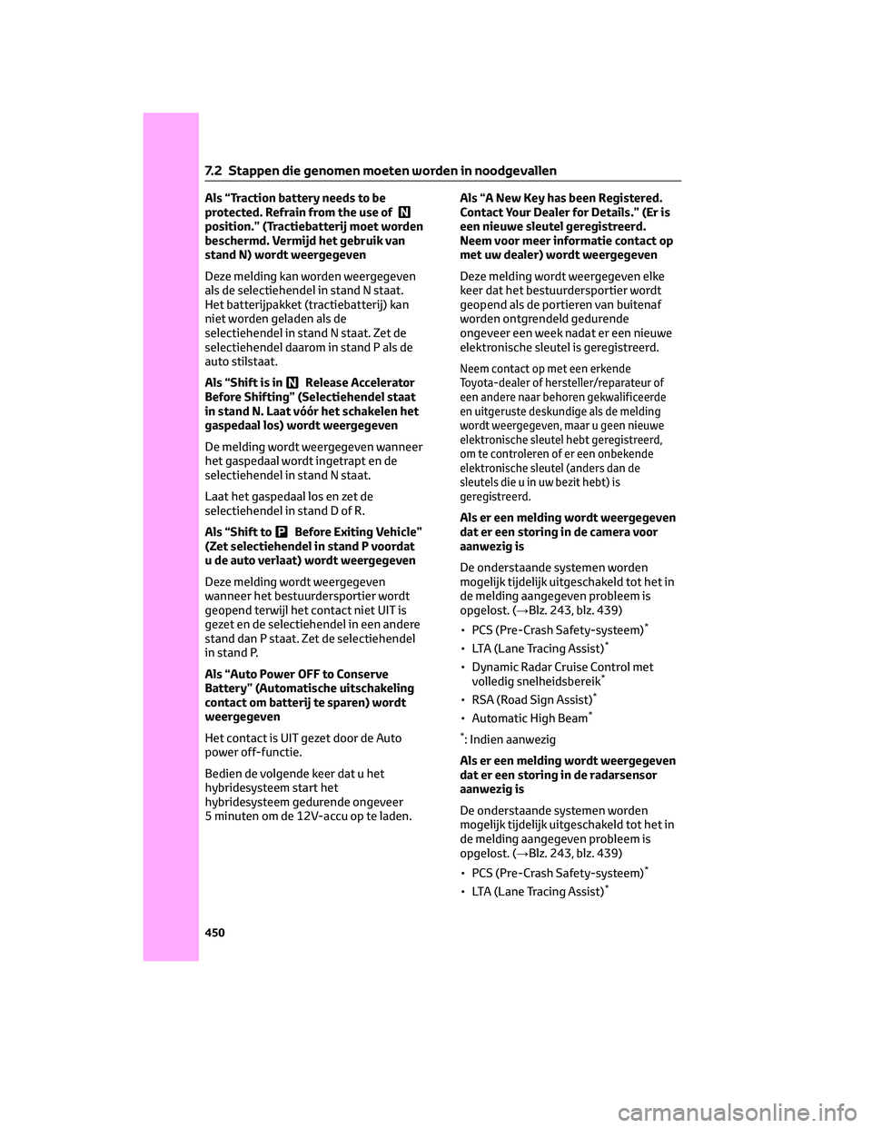 TOYOTA C-HR 2023 Instructieboekje (in Dutch) Als “Traction battery needs to be
protected. Refrain from the use of
position.” (Tractiebatterij moet worden
beschermd. Vermijd het gebruik van
stand N) wordt weergegeven
Deze melding kan worden w TOYOTA C-HR 2023 Instructieboekje (in Dutch) Als “Traction battery needs to be
protected. Refrain from the use of
position.” (Tractiebatterij moet worden
beschermd. Vermijd het gebruik van
stand N) wordt weergegeven
Deze melding kan worden w