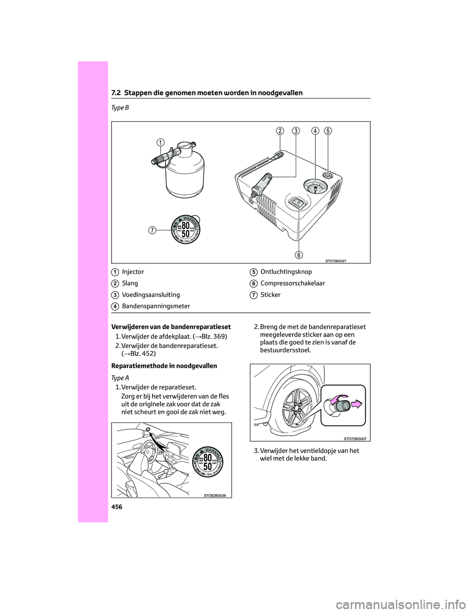 TOYOTA C-HR 2023 Instructieboekje (in Dutch) Ty p e B
1Injector
2Slang
3Voedingsaansluiting
4Bandenspanningsmeter
5Ontluchtingsknop
6Compressorschakelaar
7Sticker
Verwijderen van de bandenreparatieset
1. Verwijder de afdekplaat. (→Blz. 369)
2. TOYOTA C-HR 2023 Instructieboekje (in Dutch) Ty p e B
1Injector
2Slang
3Voedingsaansluiting
4Bandenspanningsmeter
5Ontluchtingsknop
6Compressorschakelaar
7Sticker
Verwijderen van de bandenreparatieset
1. Verwijder de afdekplaat. (→Blz. 369)
2.