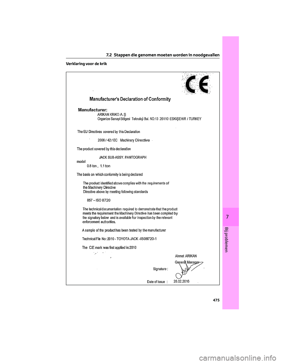 TOYOTA C-HR 2023 Instructieboekje (in Dutch) Verklaring voor de krik
7.2 Stappen die genomen moeten worden in noodgevallen
475
7
Bij problemen TOYOTA C-HR 2023 Instructieboekje (in Dutch) Verklaring voor de krik
7.2 Stappen die genomen moeten worden in noodgevallen
475
7
Bij problemen