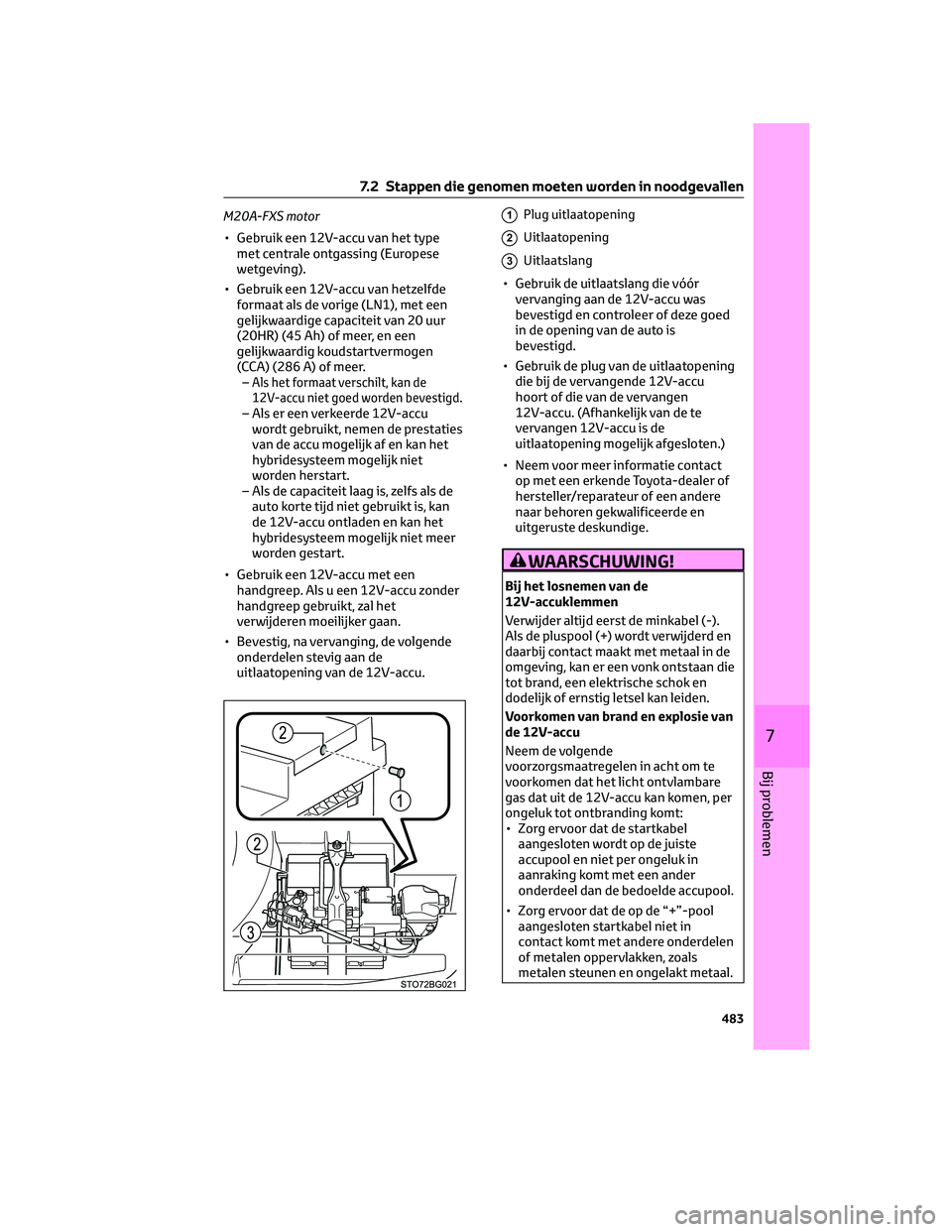 TOYOTA C-HR 2023 Instructieboekje (in Dutch) M20A-FXS motor
• Gebruik een 12V-accu van het type
met centrale ontgassing (Europese
wetgeving).
• Gebruik een 12V-accu van hetzelfde
formaat als de vorige (LN1), met een
gelijkwaardige capaciteit TOYOTA C-HR 2023 Instructieboekje (in Dutch) M20A-FXS motor
• Gebruik een 12V-accu van het type
met centrale ontgassing (Europese
wetgeving).
• Gebruik een 12V-accu van hetzelfde
formaat als de vorige (LN1), met een
gelijkwaardige capaciteit