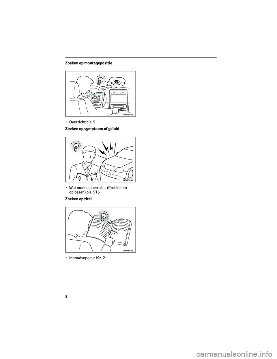 TOYOTA C-HR 2023  Instructieboekje (in Dutch) Zoeken op montagepositie
• Overzicht blz. 9
Zoeken op symptoom of geluid
• Wat moet u doen als... (Problemen
oplossen) blz. 513
Zoeken op titel
• Inhoudsopgave blz. 2
8 