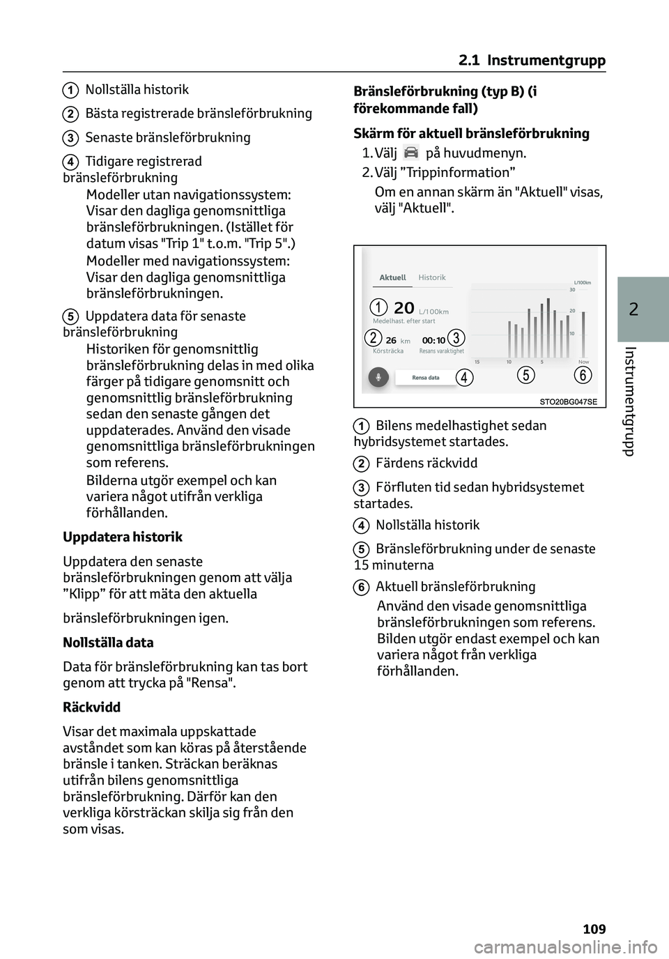TOYOTA C-HR 2023 Bruksanvisningar (in Swedish) 1Nollställa historik
2Bästa registrerade bränsleförbrukning
3Senaste bränsleförbrukning
4Tidigare registrerad
bränsleförbrukning
Modeller utan navigationssystem:
Visar den dagliga genomsnittli TOYOTA C-HR 2023 Bruksanvisningar (in Swedish) 1Nollställa historik
2Bästa registrerade bränsleförbrukning
3Senaste bränsleförbrukning
4Tidigare registrerad
bränsleförbrukning
Modeller utan navigationssystem:
Visar den dagliga genomsnittli
