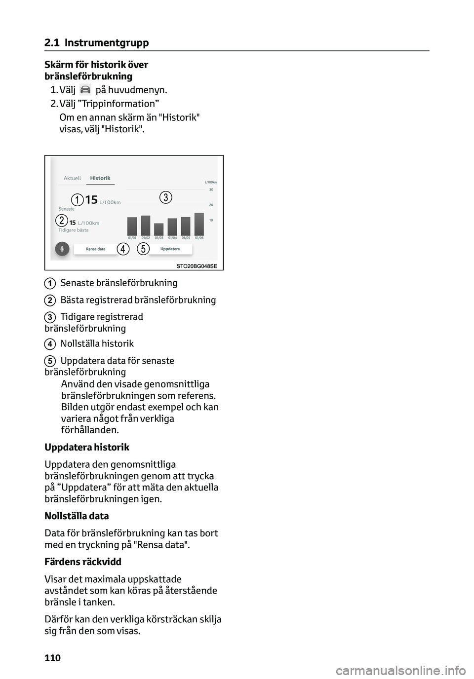 TOYOTA C-HR 2023 Bruksanvisningar (in Swedish) Skärm för historik över
bränsleförbrukning
1. Välj
på huvudmenyn.
2. Välj ”Trippinformation”
Om en annan skärm än "Historik"
visas, välj "Historik".
1Senaste bränslefö TOYOTA C-HR 2023 Bruksanvisningar (in Swedish) Skärm för historik över
bränsleförbrukning
1. Välj
på huvudmenyn.
2. Välj ”Trippinformation”
Om en annan skärm än "Historik"
visas, välj "Historik".
1Senaste bränslefö