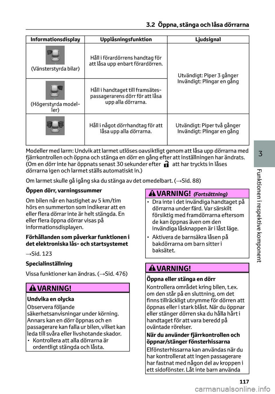TOYOTA C-HR 2023 Bruksanvisningar (in Swedish) Informationsdisplay Upplåsningsfunktion Ljudsignal
(Vänsterstyrda bilar)Håll i förardörrens handtag för
att låsa upp enbart förardörren.
Utvändigt: Piper 3 gånger
Invändigt: Plingar en gå TOYOTA C-HR 2023 Bruksanvisningar (in Swedish) Informationsdisplay Upplåsningsfunktion Ljudsignal
(Vänsterstyrda bilar)Håll i förardörrens handtag för
att låsa upp enbart förardörren.
Utvändigt: Piper 3 gånger
Invändigt: Plingar en gå