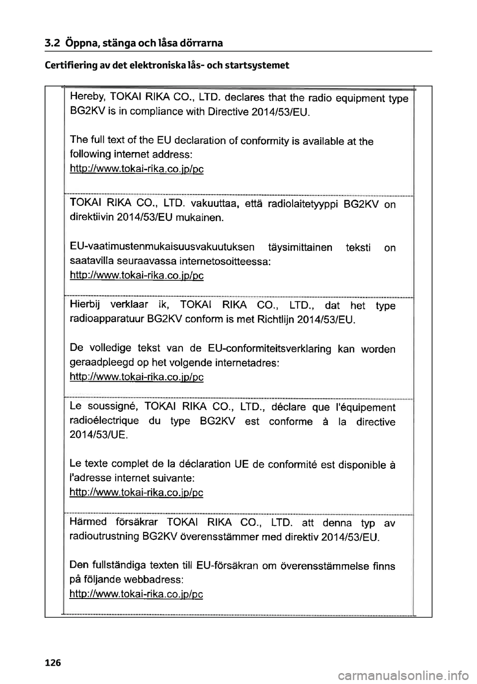 TOYOTA C-HR 2023 Bruksanvisningar (in Swedish) Certifiering av det elektroniska lås- och startsystemet
3.2 Öppna, stänga och låsa dörrarna
126 TOYOTA C-HR 2023 Bruksanvisningar (in Swedish) Certifiering av det elektroniska lås- och startsystemet
3.2 Öppna, stänga och låsa dörrarna
126