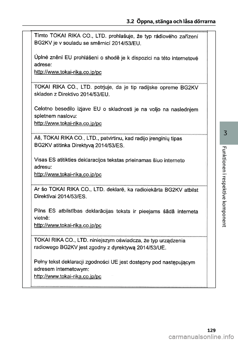 TOYOTA C-HR 2023 Bruksanvisningar (in Swedish) 3.2 Öppna, stänga och låsa dörrarna
129
3
Funktionen i respektive komponent TOYOTA C-HR 2023 Bruksanvisningar (in Swedish) 3.2 Öppna, stänga och låsa dörrarna
129
3
Funktionen i respektive komponent