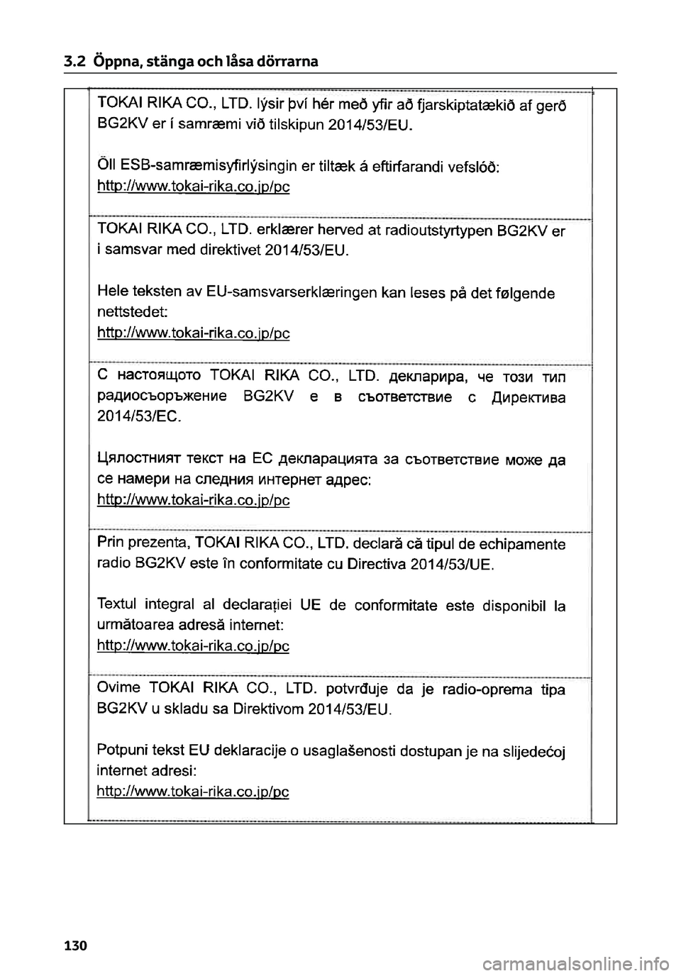 TOYOTA C-HR 2023 Bruksanvisningar (in Swedish) 3.2 Öppna, stänga och låsa dörrarna
130 TOYOTA C-HR 2023 Bruksanvisningar (in Swedish) 3.2 Öppna, stänga och låsa dörrarna
130