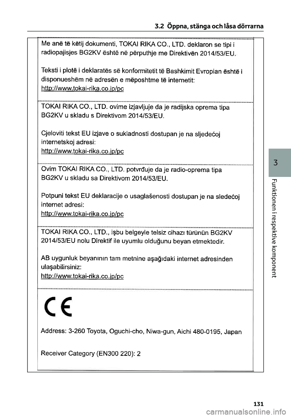 TOYOTA C-HR 2023 Bruksanvisningar (in Swedish) 3.2 Öppna, stänga och låsa dörrarna
131
3
Funktionen i respektive komponent TOYOTA C-HR 2023 Bruksanvisningar (in Swedish) 3.2 Öppna, stänga och låsa dörrarna
131
3
Funktionen i respektive komponent