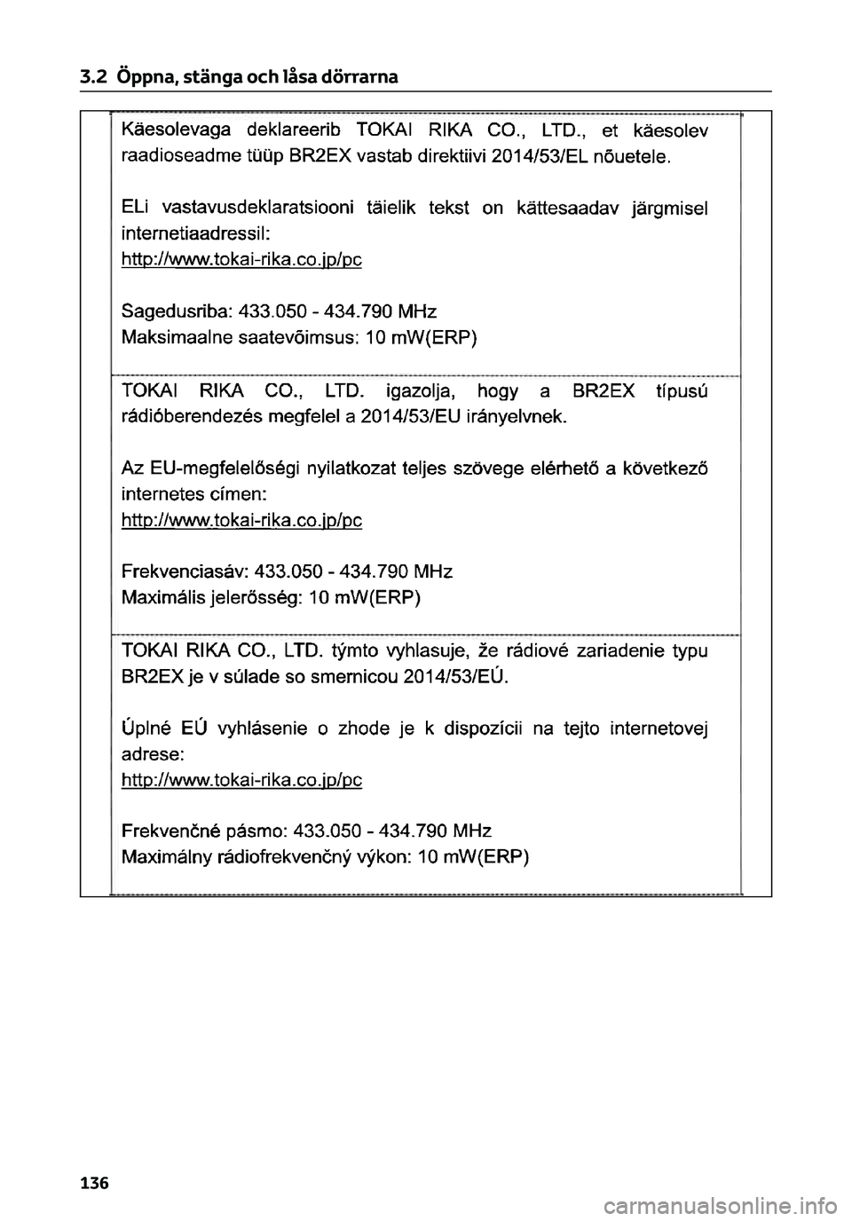 TOYOTA C-HR 2023 Bruksanvisningar (in Swedish) 3.2 Öppna, stänga och låsa dörrarna
136 TOYOTA C-HR 2023 Bruksanvisningar (in Swedish) 3.2 Öppna, stänga och låsa dörrarna
136