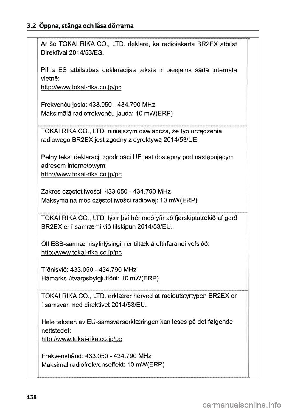 TOYOTA C-HR 2023 Bruksanvisningar (in Swedish) 3.2 Öppna, stänga och låsa dörrarna
138 TOYOTA C-HR 2023 Bruksanvisningar (in Swedish) 3.2 Öppna, stänga och låsa dörrarna
138