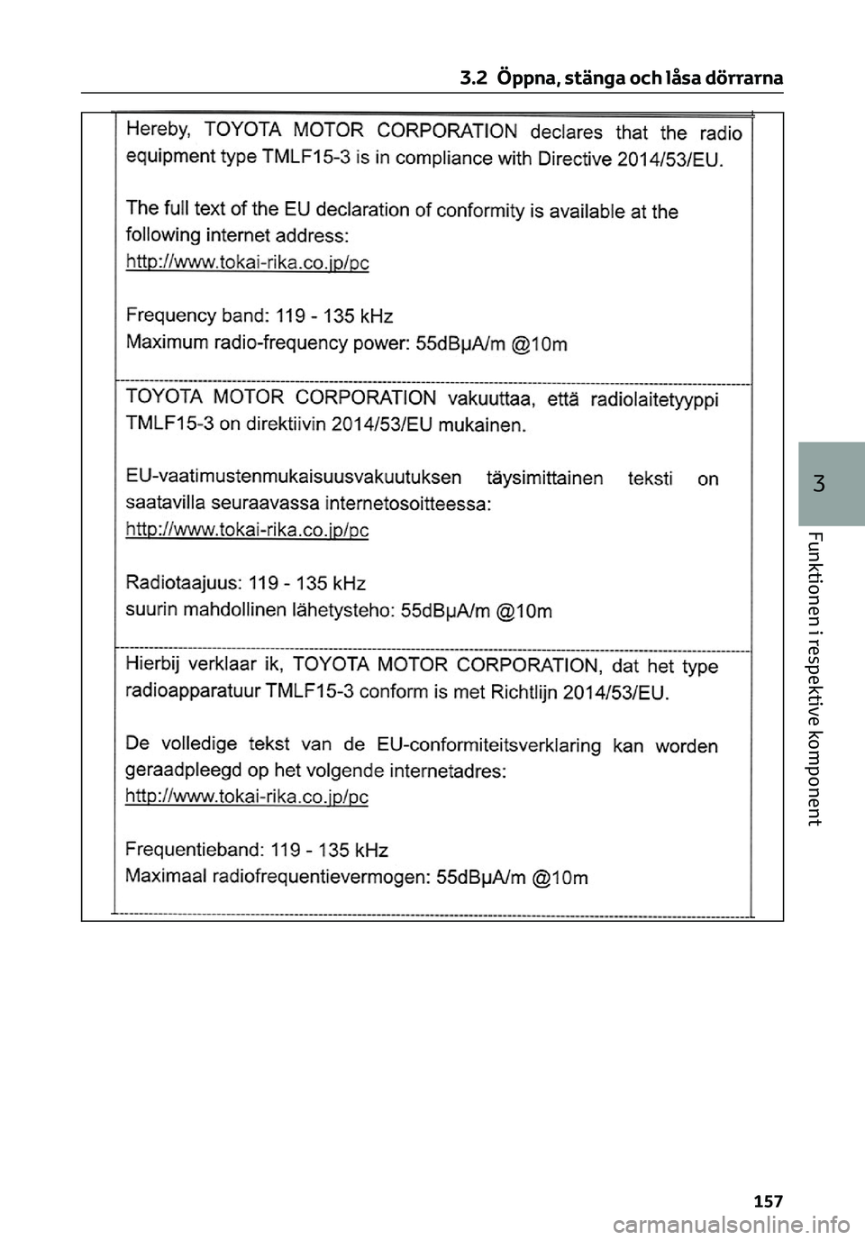 TOYOTA C-HR 2023 Bruksanvisningar (in Swedish) 3.2 Öppna, stänga och låsa dörrarna
157
3
Funktionen i respektive komponent TOYOTA C-HR 2023 Bruksanvisningar (in Swedish) 3.2 Öppna, stänga och låsa dörrarna
157
3
Funktionen i respektive komponent