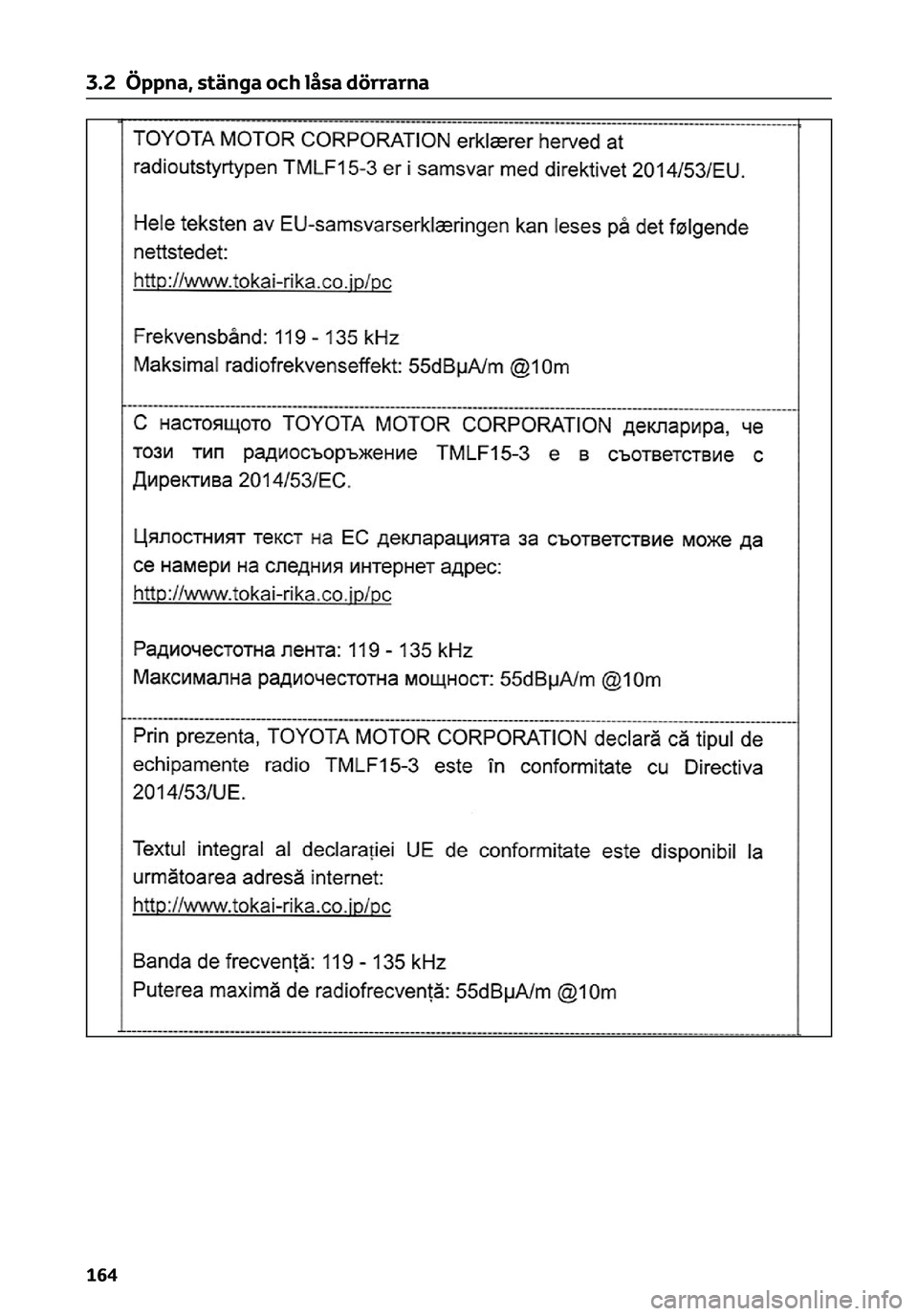 TOYOTA C-HR 2023 Bruksanvisningar (in Swedish) 3.2 Öppna, stänga och låsa dörrarna
164 TOYOTA C-HR 2023 Bruksanvisningar (in Swedish) 3.2 Öppna, stänga och låsa dörrarna
164