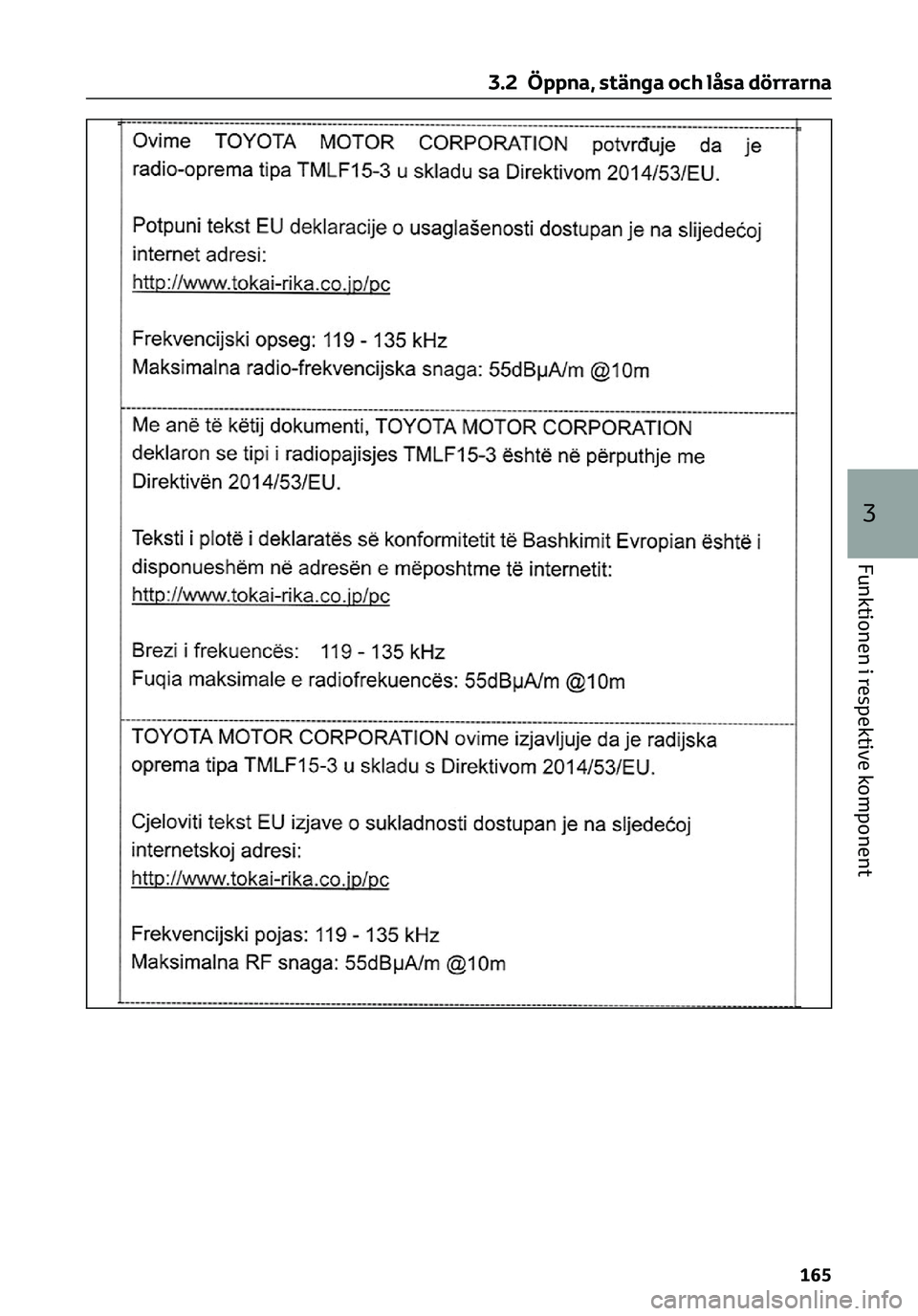 TOYOTA C-HR 2023 Bruksanvisningar (in Swedish) 3.2 Öppna, stänga och låsa dörrarna
165
3
Funktionen i respektive komponent TOYOTA C-HR 2023 Bruksanvisningar (in Swedish) 3.2 Öppna, stänga och låsa dörrarna
165
3
Funktionen i respektive komponent