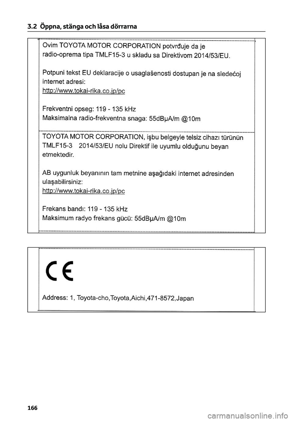TOYOTA C-HR 2023 Bruksanvisningar (in Swedish) 3.2 Öppna, stänga och låsa dörrarna
166 TOYOTA C-HR 2023 Bruksanvisningar (in Swedish) 3.2 Öppna, stänga och låsa dörrarna
166