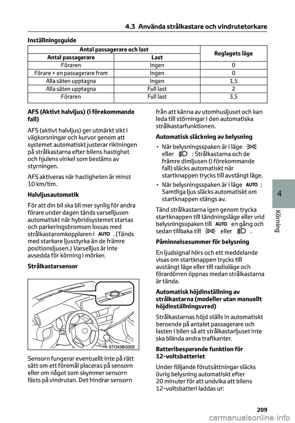 TOYOTA C-HR 2023  Bruksanvisningar (in Swedish) Inställningsguide
Antal passagerare och last
Reglagets läge
Antal passagerare Last
Föraren Ingen 0
Förare + en passagerare fram Ingen 0
Alla säten upptagna Ingen 1,5
Alla säten upptagna Full las