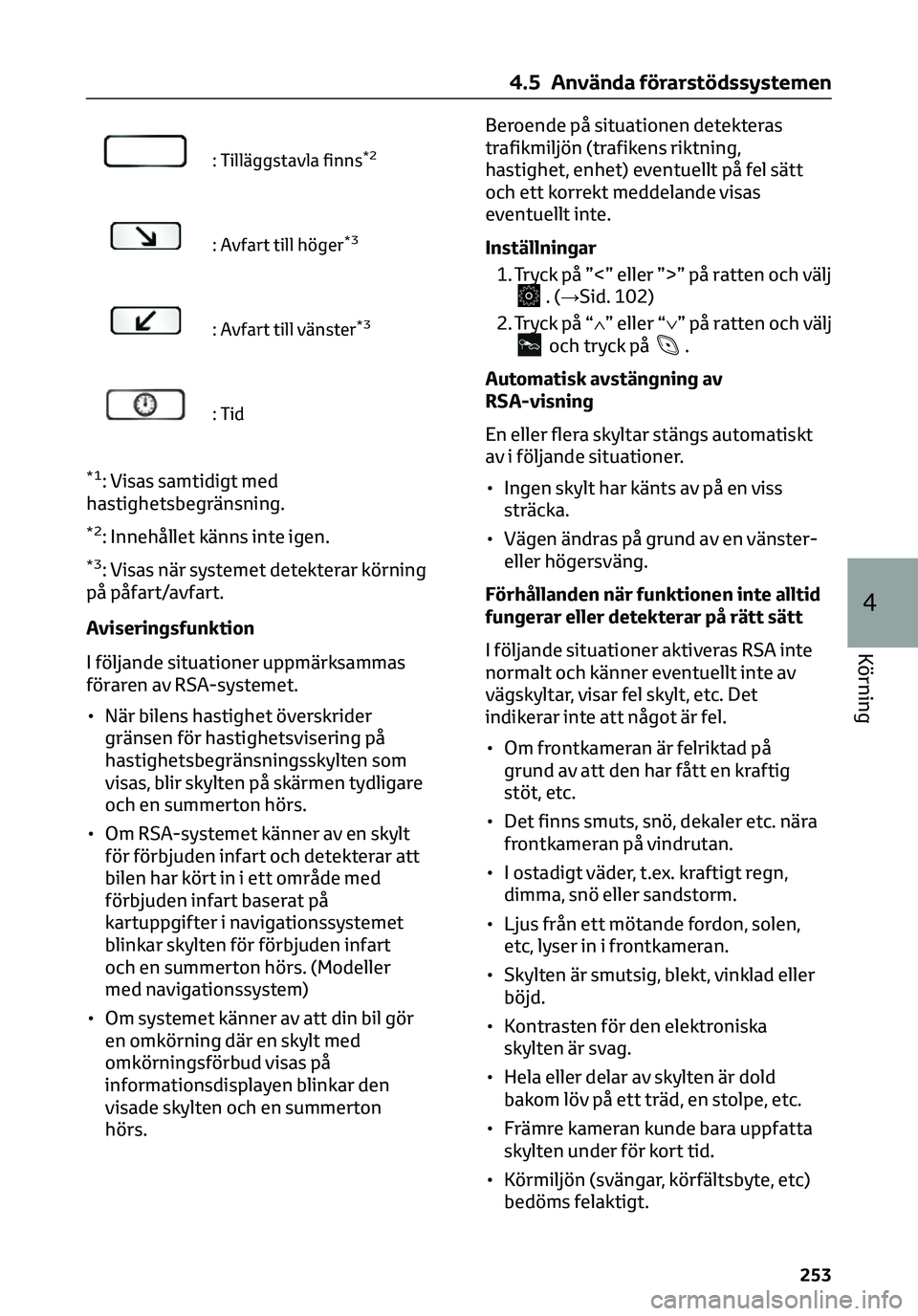 TOYOTA C-HR 2023 Bruksanvisningar (in Swedish) : Tilläggstavla finns*2
: Avfart till höger*3
: Avfart till vänster*3
:Tid
*1: Visas samtidigt med
hastighetsbegränsning.
*2: Innehållet känns inte igen.
*3: Visas när systemet detekterar körn TOYOTA C-HR 2023 Bruksanvisningar (in Swedish) : Tilläggstavla finns*2
: Avfart till höger*3
: Avfart till vänster*3
:Tid
*1: Visas samtidigt med
hastighetsbegränsning.
*2: Innehållet känns inte igen.
*3: Visas när systemet detekterar körn