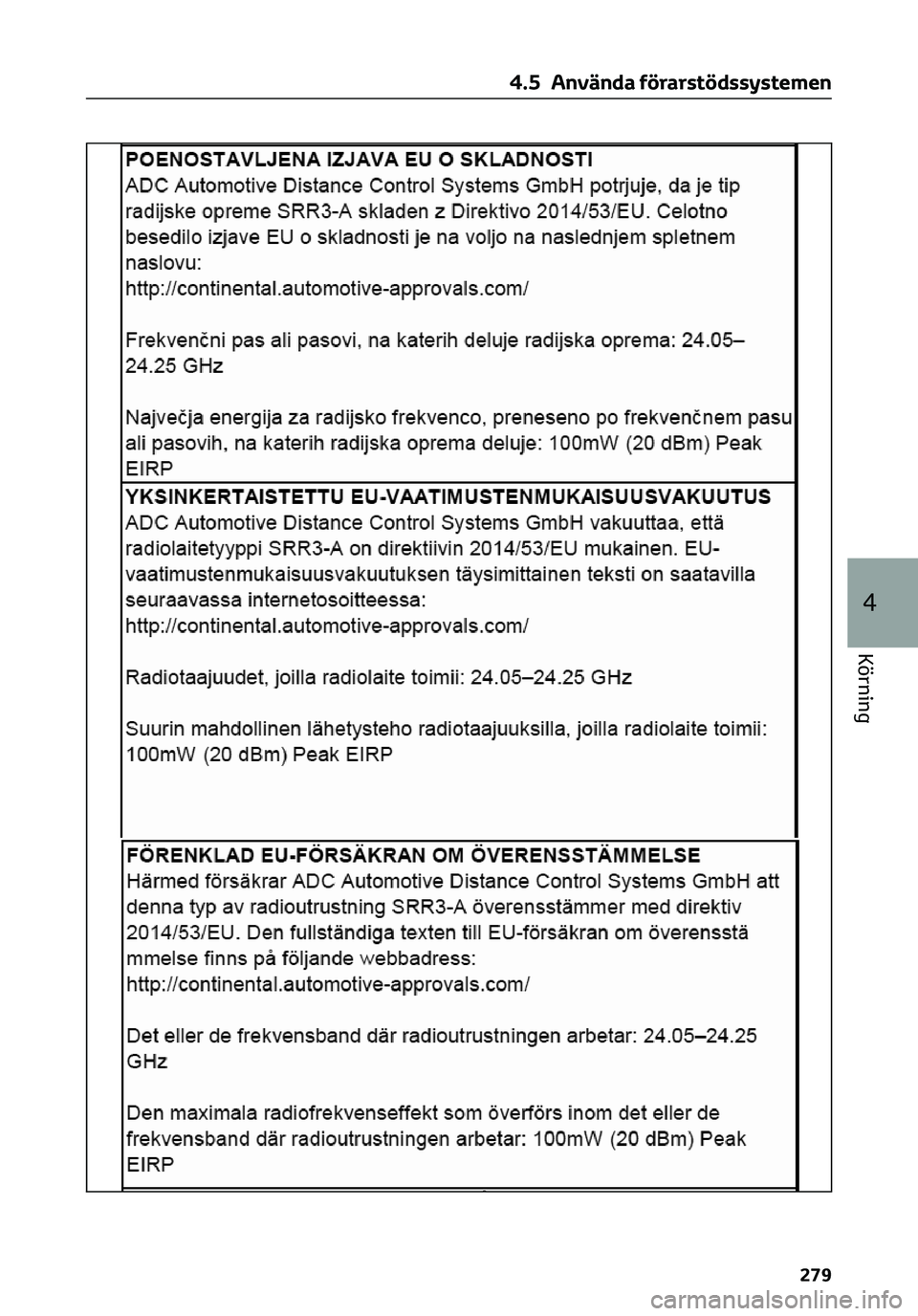 TOYOTA C-HR 2023 Bruksanvisningar (in Swedish) 4.5 Använda förarstödssystemen
279
4
Körning TOYOTA C-HR 2023 Bruksanvisningar (in Swedish) 4.5 Använda förarstödssystemen
279
4
Körning