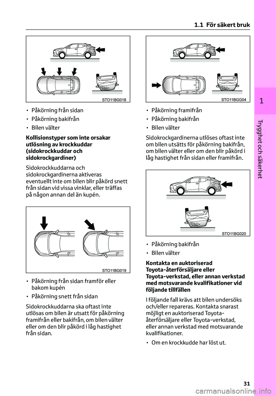 TOYOTA C-HR 2023 Bruksanvisningar (in Swedish) • Påkörning från sidan
• Påkörning bakifrån
• Bilen välter
Kollisionstyper som inte orsakar
utlösning av krockkuddar
(sidokrockkuddar och
sidokrockgardiner)
Sidokrockkuddarna och
sidokro TOYOTA C-HR 2023 Bruksanvisningar (in Swedish) • Påkörning från sidan
• Påkörning bakifrån
• Bilen välter
Kollisionstyper som inte orsakar
utlösning av krockkuddar
(sidokrockkuddar och
sidokrockgardiner)
Sidokrockkuddarna och
sidokro