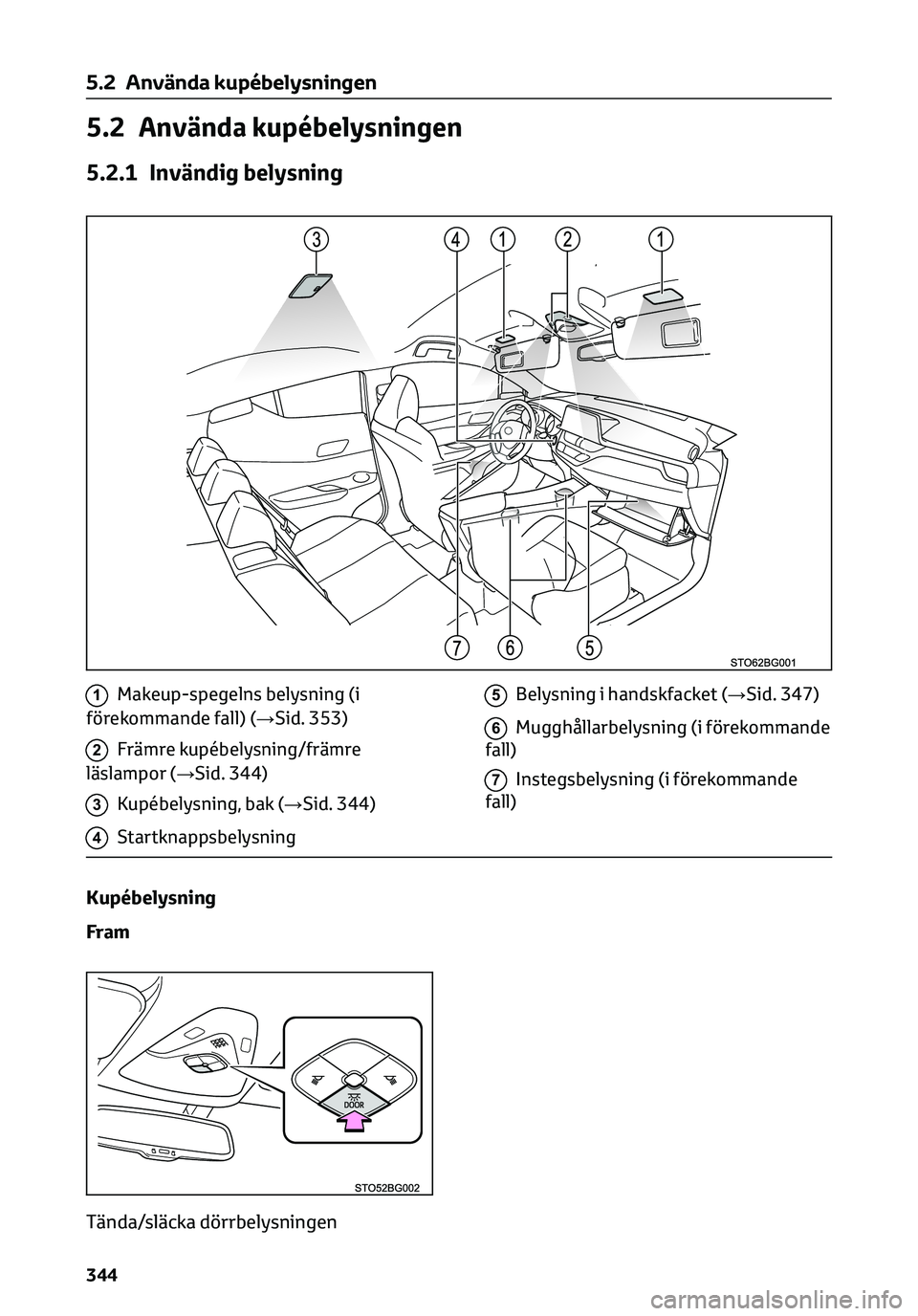 TOYOTA C-HR 2023 Bruksanvisningar (in Swedish) 5.2 Använda kupébelysningen
5.2.1 Invändig belysning
1Makeup-spegelns belysning (i
förekommande fall) (→Sid. 353)
2Främre kupébelysning/främre
läslampor (→Sid. 344)
3Kupébelysning, bak ( TOYOTA C-HR 2023 Bruksanvisningar (in Swedish) 5.2 Använda kupébelysningen
5.2.1 Invändig belysning
1Makeup-spegelns belysning (i
förekommande fall) (→Sid. 353)
2Främre kupébelysning/främre
läslampor (→Sid. 344)
3Kupébelysning, bak (