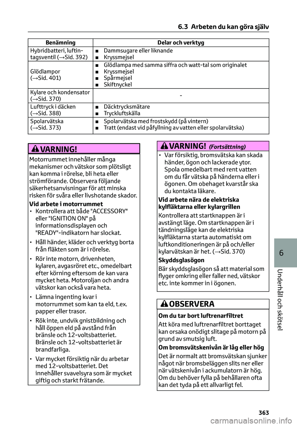 TOYOTA C-HR 2023 Bruksanvisningar (in Swedish) Benämning Delar och verktyg
Hybridbatteri, luftin-
tagsventil (→Sid. 392)■Dammsugare eller liknande
■Kryssmejsel
Glödlampor
(→Sid. 401)■Glödlampa med samma siffra och watt-tal som origina TOYOTA C-HR 2023 Bruksanvisningar (in Swedish) Benämning Delar och verktyg
Hybridbatteri, luftin-
tagsventil (→Sid. 392)■Dammsugare eller liknande
■Kryssmejsel
Glödlampor
(→Sid. 401)■Glödlampa med samma siffra och watt-tal som origina