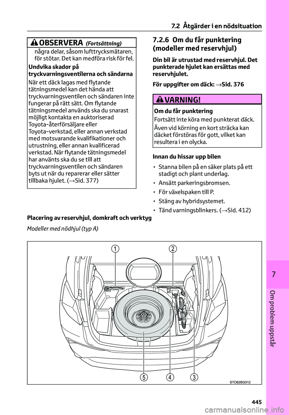 TOYOTA C-HR 2023 Bruksanvisningar (in Swedish) OBSERVERA(Fortsättning)
några delar, såsom lufttrycksmätaren,
för stötar. Det kan medföra risk för fel.
Undvika skador på
tryckvarningsventilerna och sändarna
När ett däck lagas med flytan TOYOTA C-HR 2023 Bruksanvisningar (in Swedish) OBSERVERA(Fortsättning)
några delar, såsom lufttrycksmätaren,
för stötar. Det kan medföra risk för fel.
Undvika skador på
tryckvarningsventilerna och sändarna
När ett däck lagas med flytan