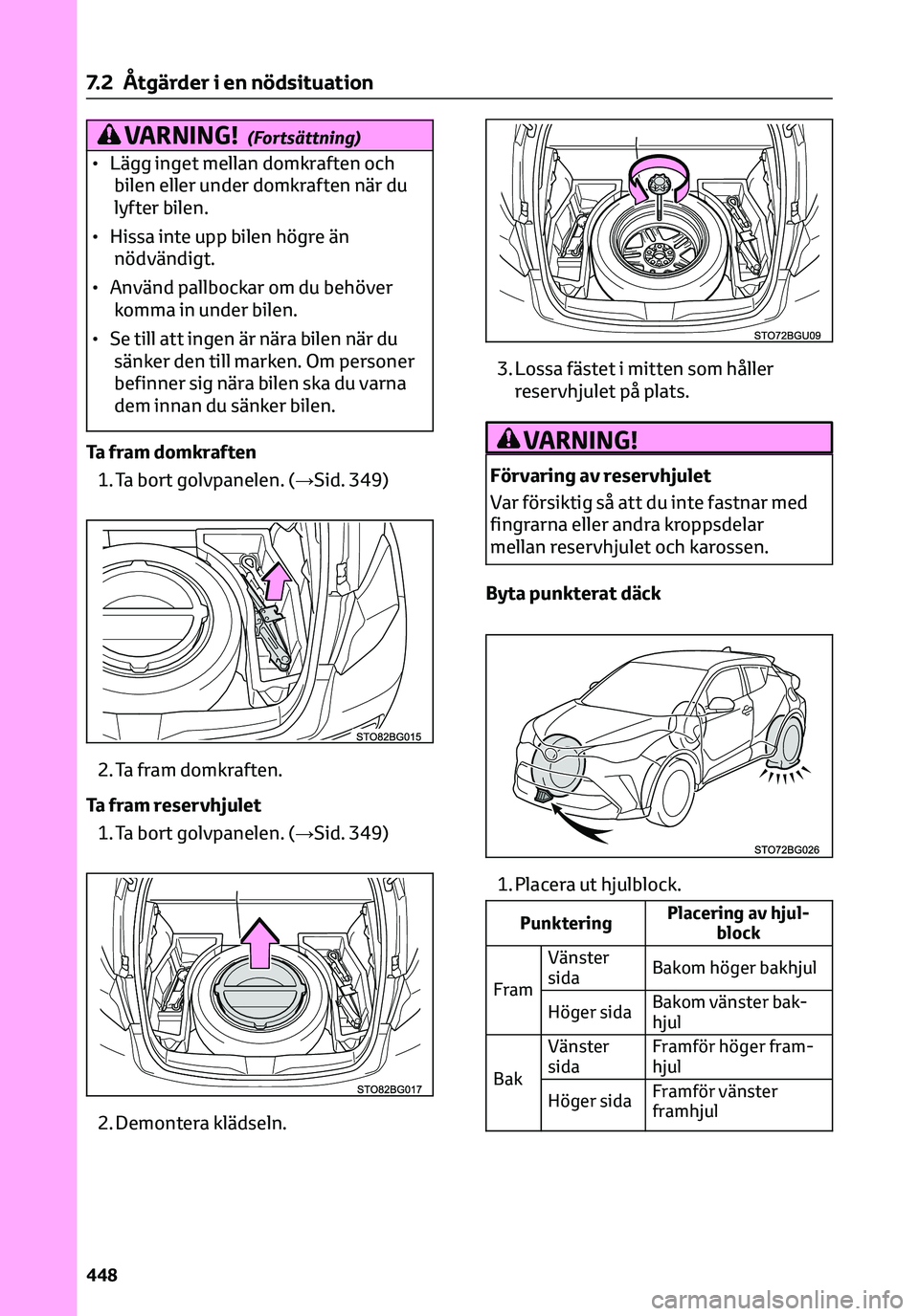 TOYOTA C-HR 2023 Bruksanvisningar (in Swedish) VARNING!(Fortsättning)
• Lägg inget mellan domkraften och
bilen eller under domkraften när du
lyfter bilen.
• Hissa inte upp bilen högre än
nödvändigt.
• Använd pallbockar om du behöver TOYOTA C-HR 2023 Bruksanvisningar (in Swedish) VARNING!(Fortsättning)
• Lägg inget mellan domkraften och
bilen eller under domkraften när du
lyfter bilen.
• Hissa inte upp bilen högre än
nödvändigt.
• Använd pallbockar om du behöver