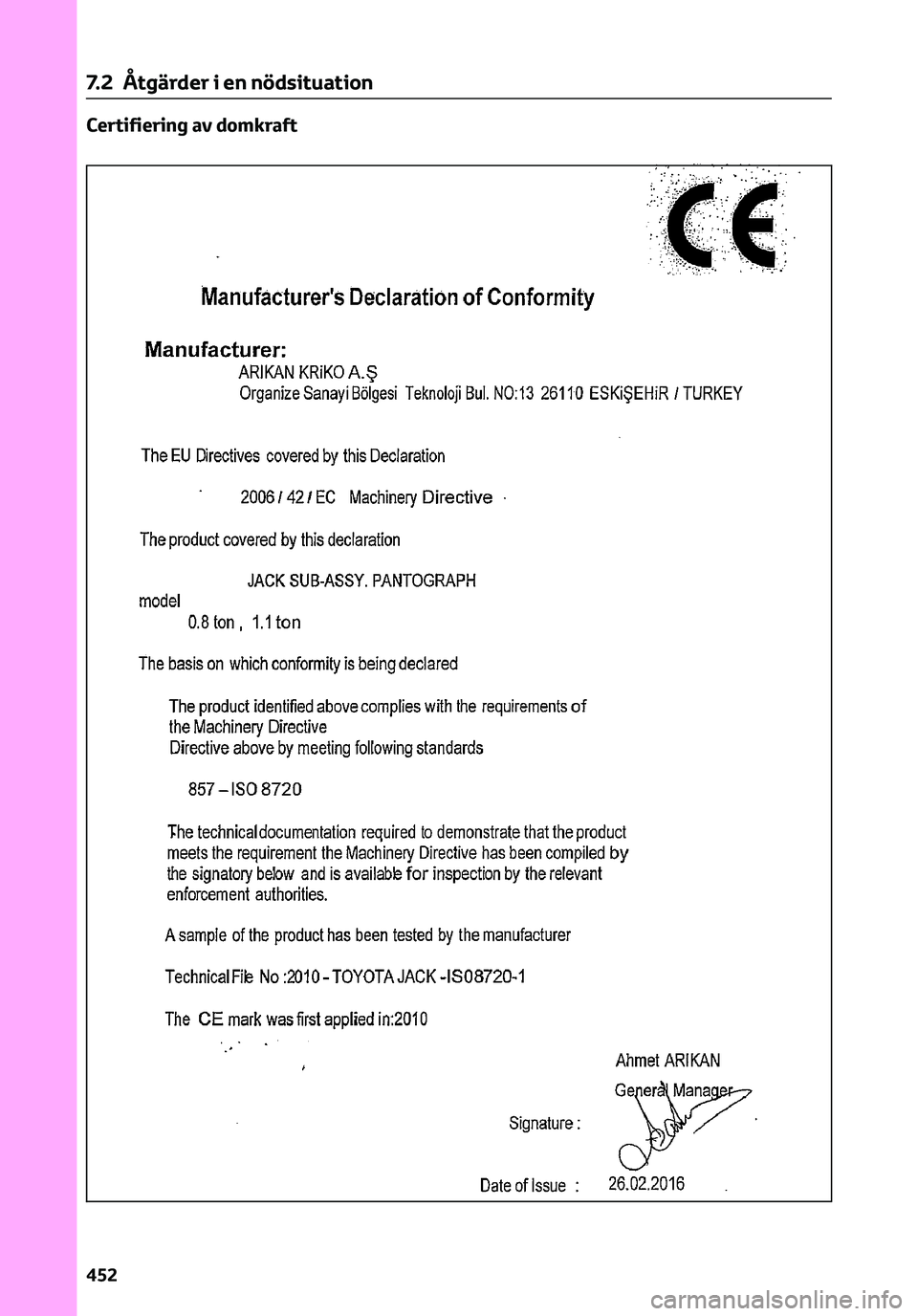 TOYOTA C-HR 2023 Bruksanvisningar (in Swedish) Certifiering av domkraft
7.2 Åtgärder i en nödsituation
452 TOYOTA C-HR 2023 Bruksanvisningar (in Swedish) Certifiering av domkraft
7.2 Åtgärder i en nödsituation
452